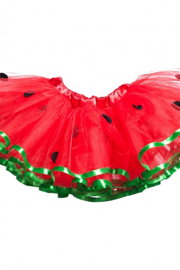 Красная пышная фатиновая юбка с декором и зеленой каймой