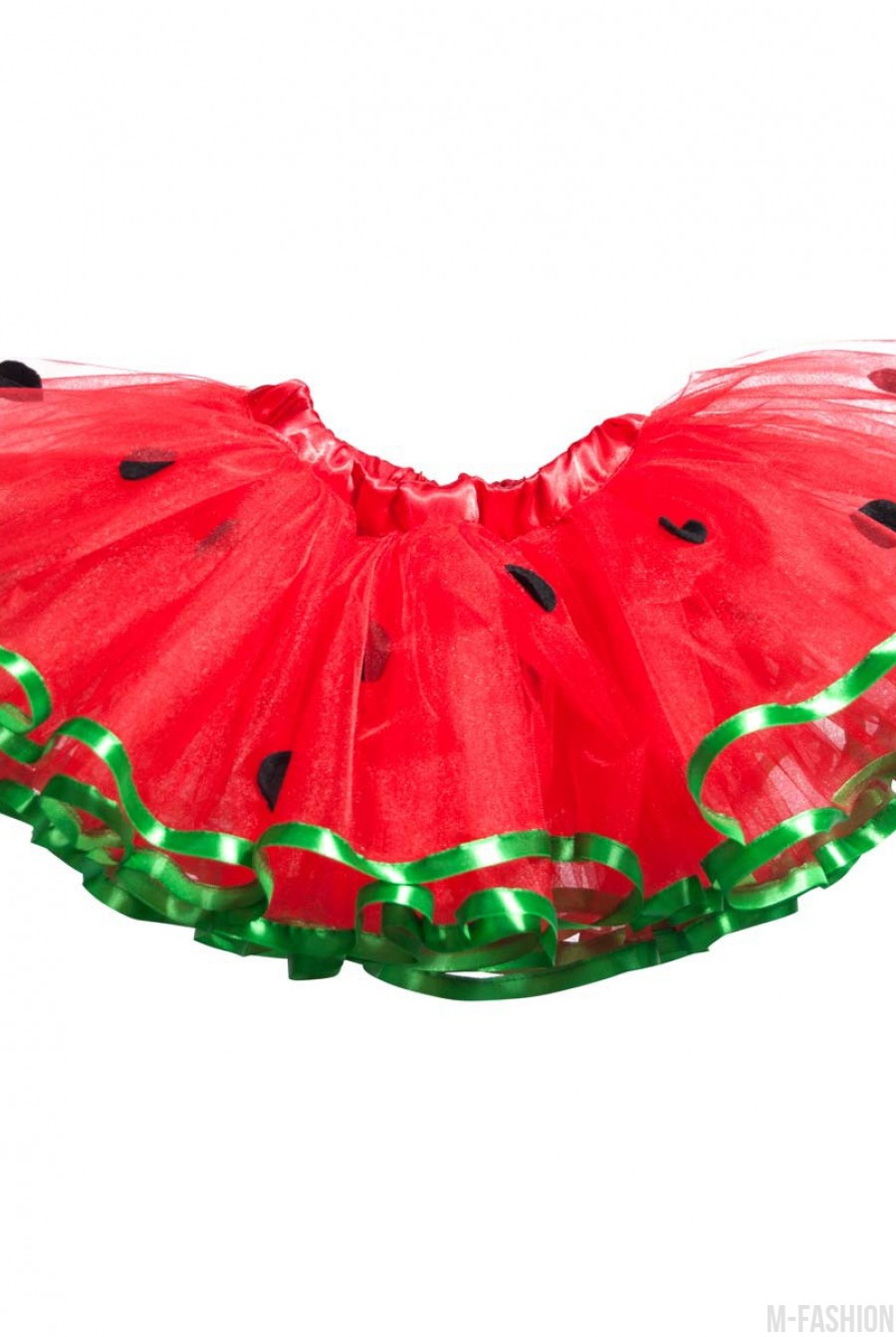Красная пышная фатиновая юбка с декором и зеленой каймой - Фото 1