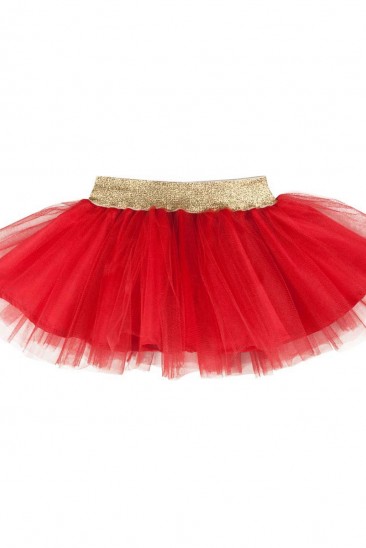 Красная многослойная юбка из тафты и фатина с золотым поясом
