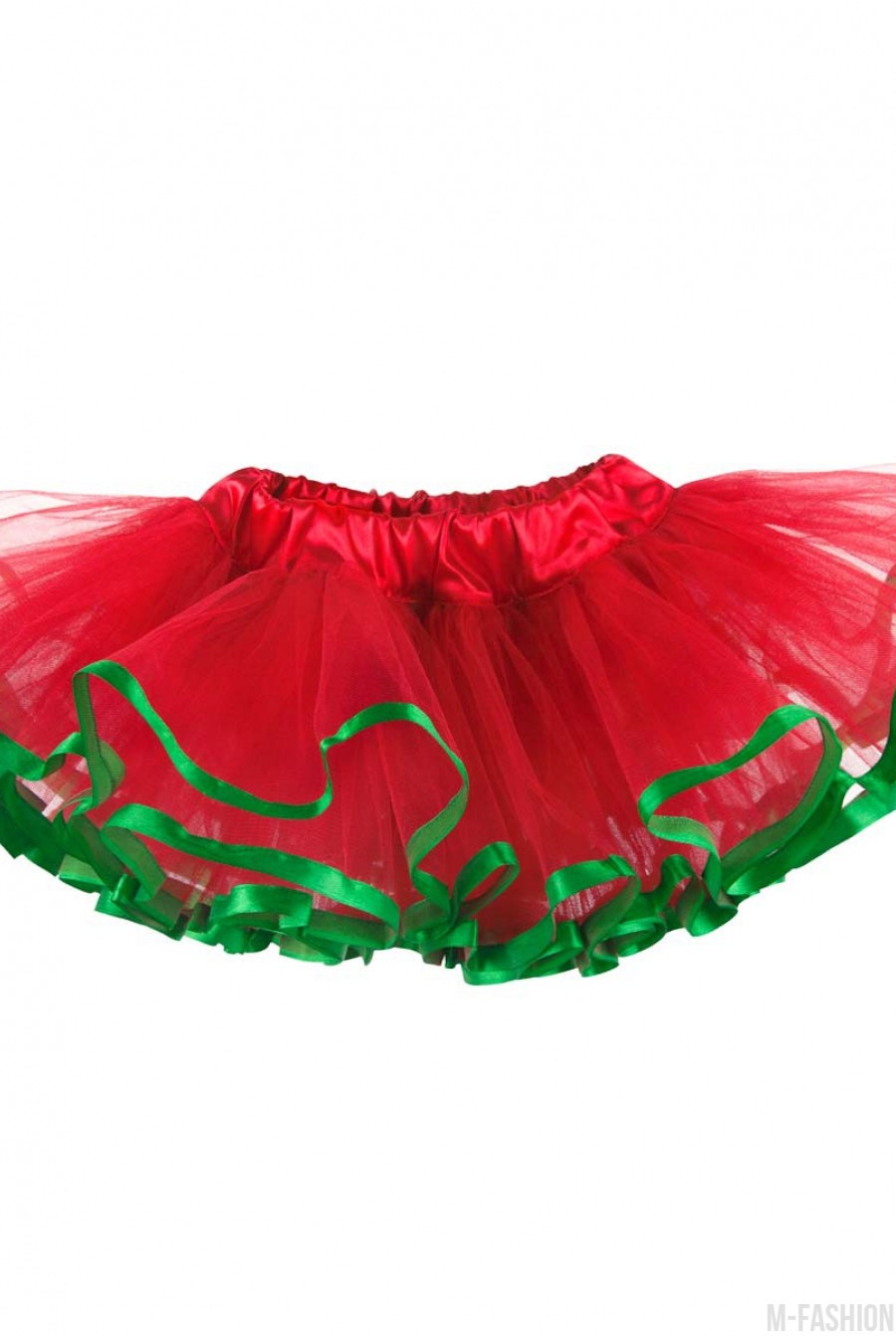 Красная многослойная юбка-пачка из фатина с зеленой тесьмой - Фото 1