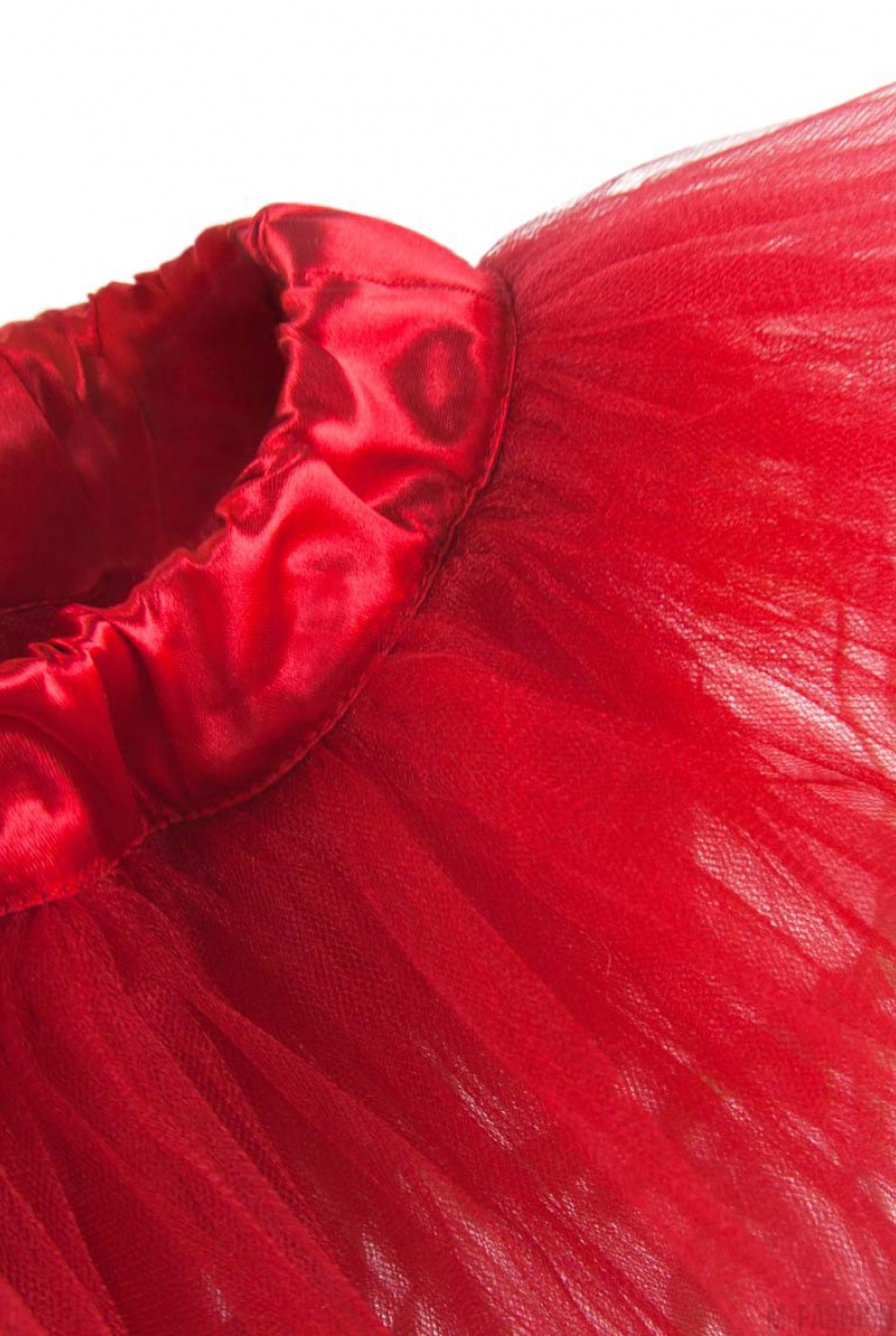 Красная многослойная юбка-пачка из фатина с зеленой тесьмой- Фото 4