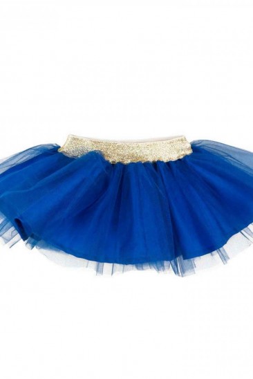 Синяя пышная юбка из тафты и фатина с золотистым поясом