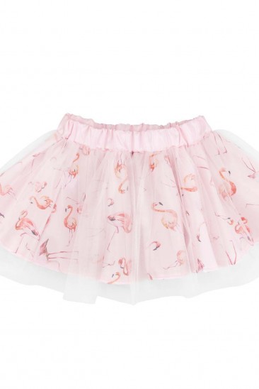 Розовая юбка на резинке из тафты с принтом и белым фатином