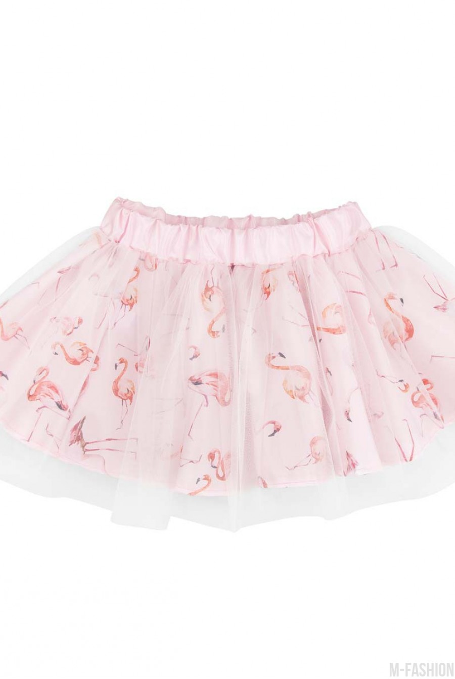 Розовая юбка на резинке из тафты с принтом и белым фатином - Фото 1