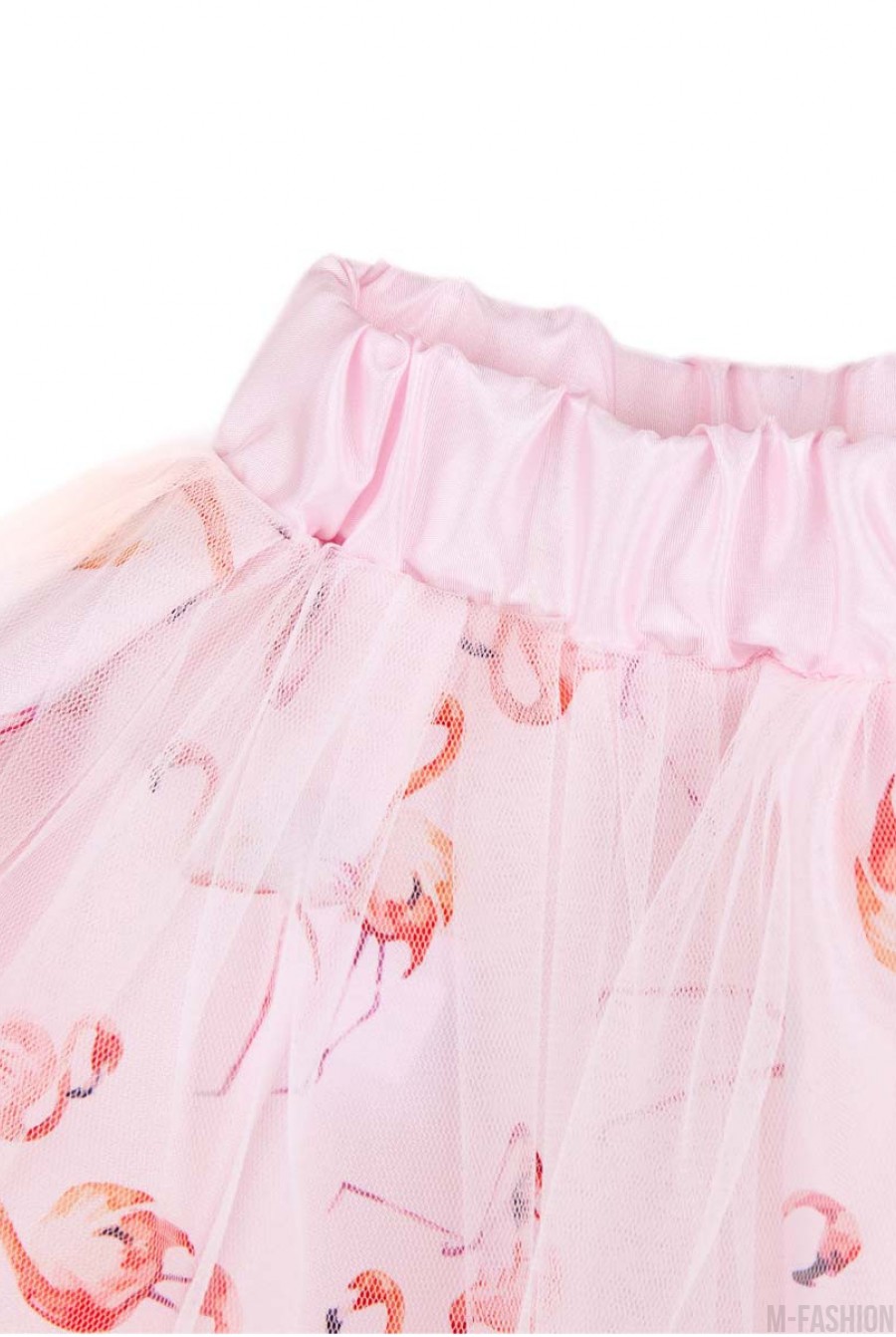 Розовая юбка на резинке из тафты с принтом и белым фатином- Фото 4
