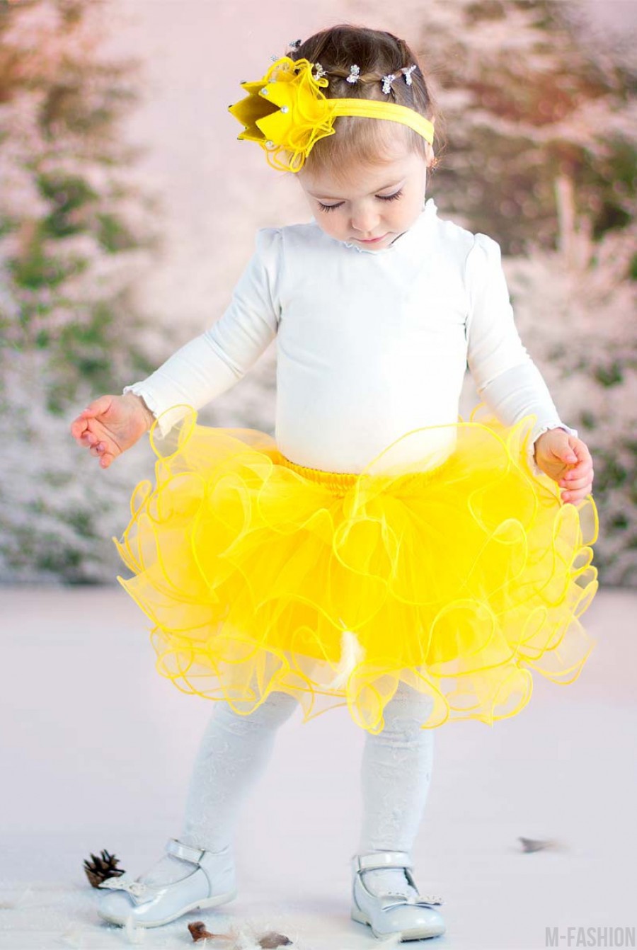 Желтая пышная многослойная юбка из фатина на резинке- Фото 2