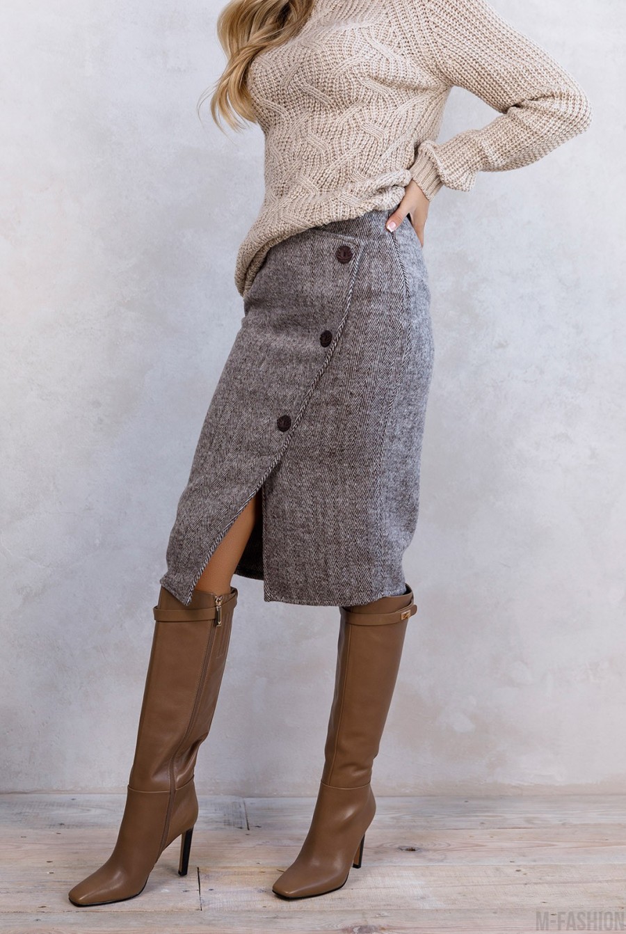 Коричневая шерстяная юбка с пуговицами- Фото 2