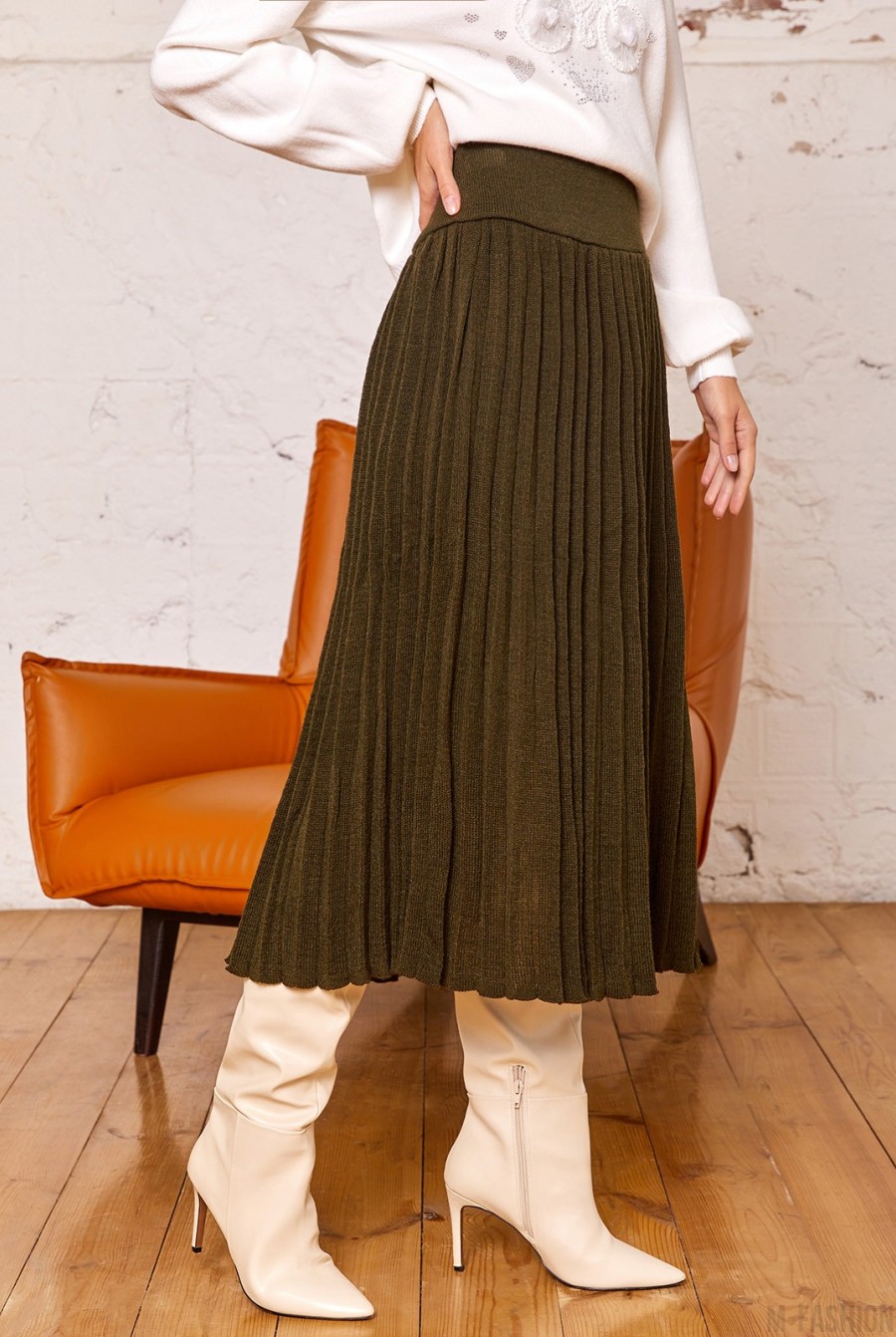 Шерстяная плиссированная юбка цвета хаки- Фото 2