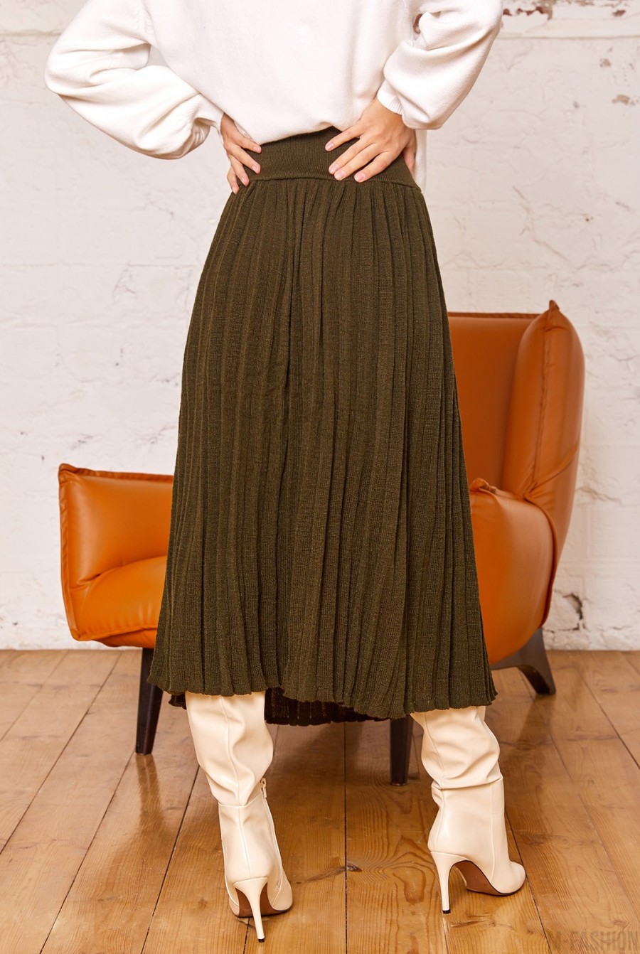 Шерстяная плиссированная юбка цвета хаки- Фото 3