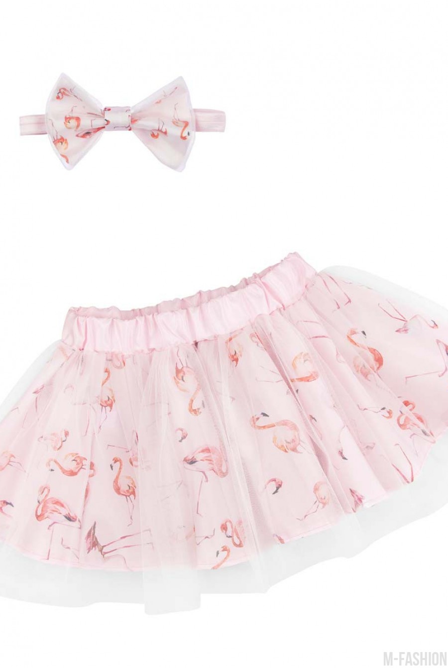Розовая юбка из тафты с цветочным принтом и повязка на голову с бантом - Фото 1