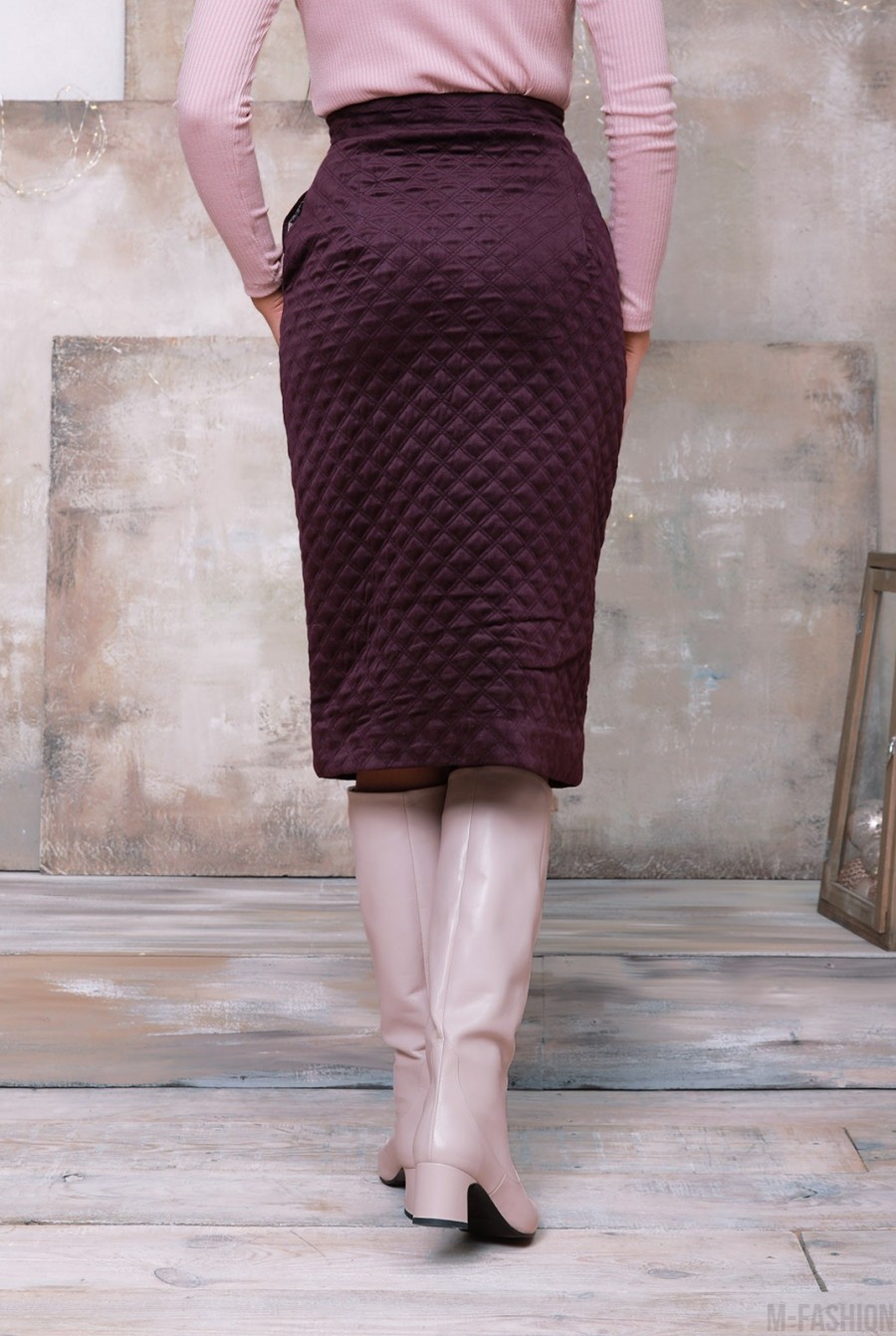 Фиолетовая велюровая стеганая юбка на пуговицах- Фото 3