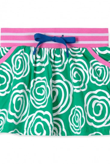 Котоновая зеленая юбка-шорты с розовым широким поясом и карманами