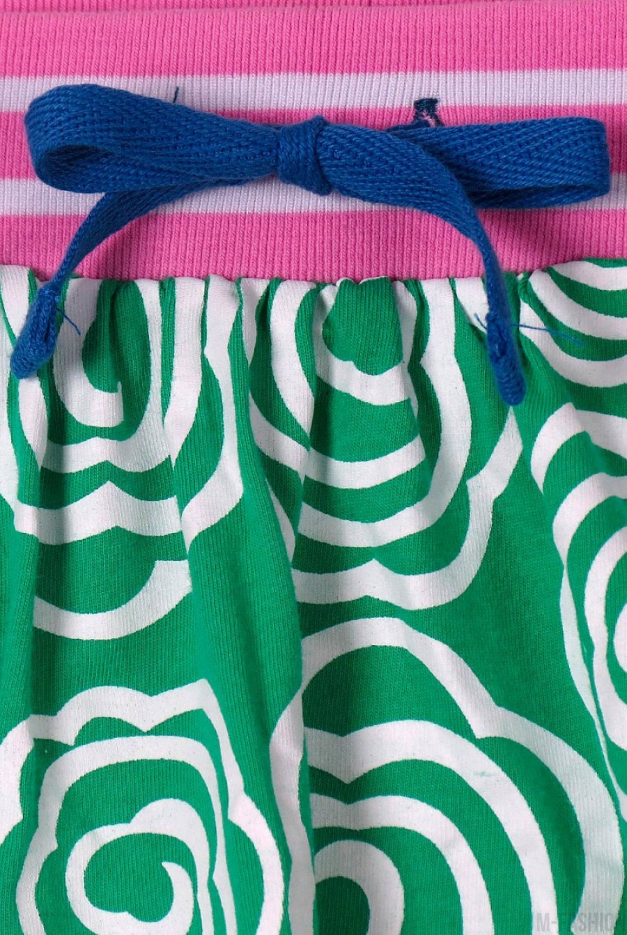 Котоновая зеленая юбка-шорты с розовым широким поясом и карманами- Фото 2