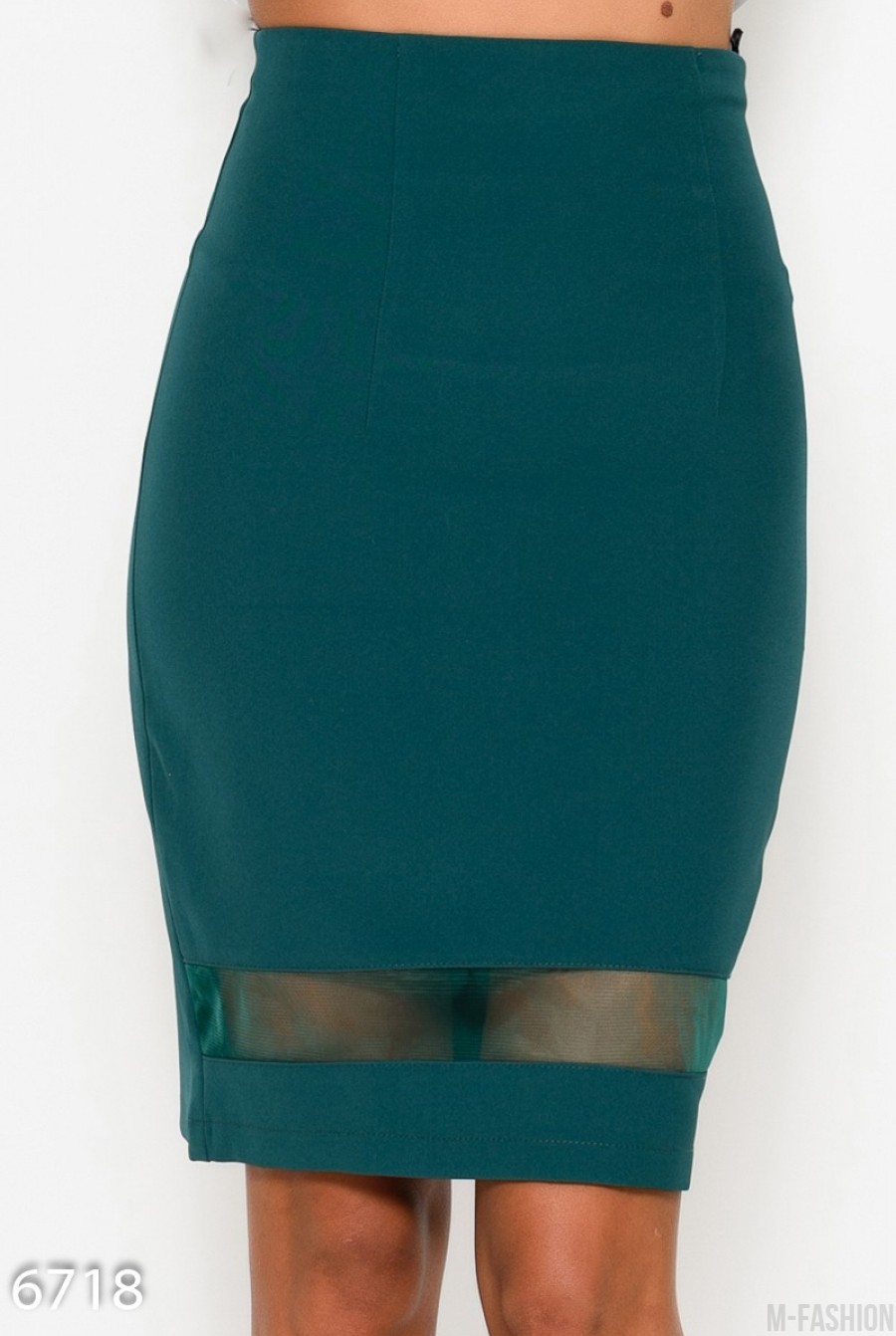 Зеленая юбка карандаш с полупрозрачной вставкой по низу изделия - Фото 1