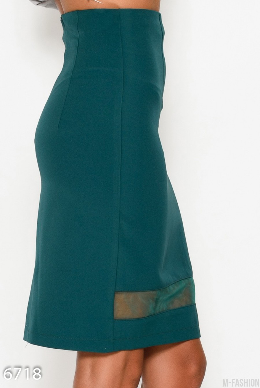 Зеленая юбка карандаш с полупрозрачной вставкой по низу изделия- Фото 3