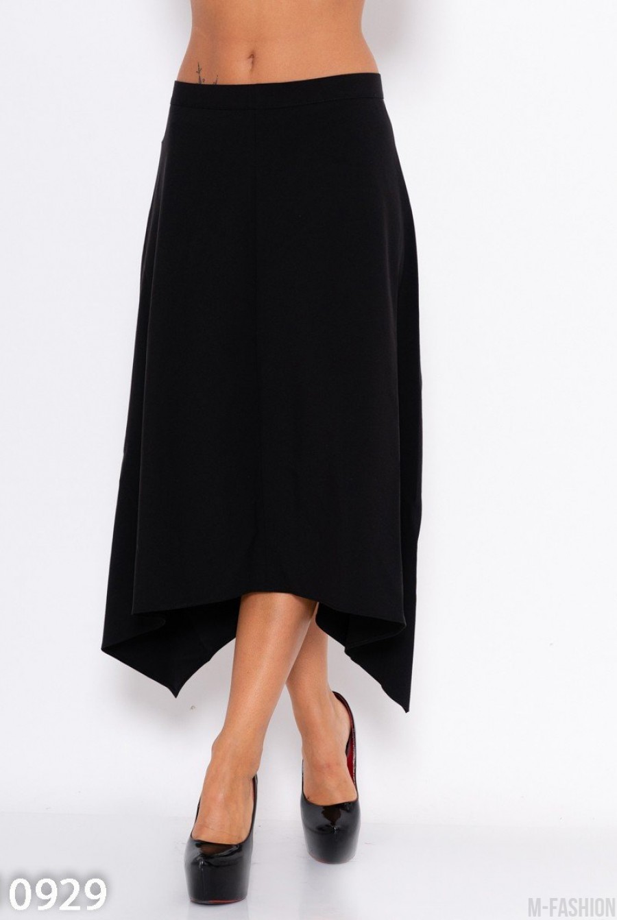 Расклешенная асимметричная юбка черного цвета - Фото 1