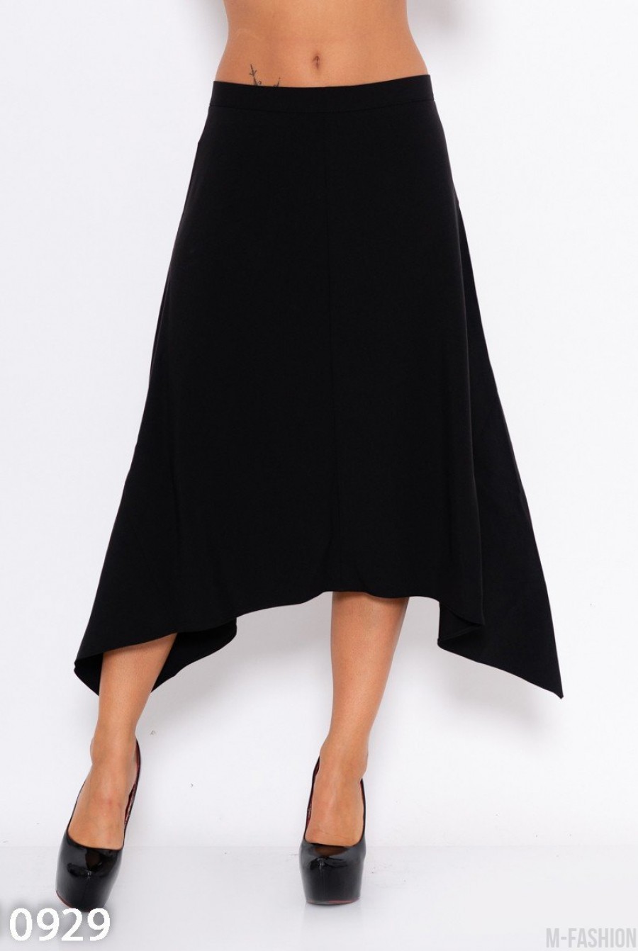 Расклешенная асимметричная юбка черного цвета- Фото 2