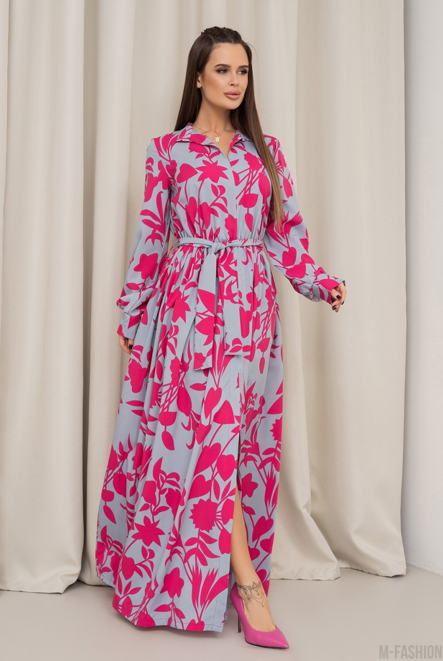 Длинное серо-розовое платье с разрезом - Фото 2