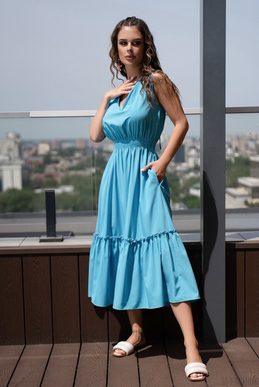 Голубое платье с V-образными вырезами - Фото 2