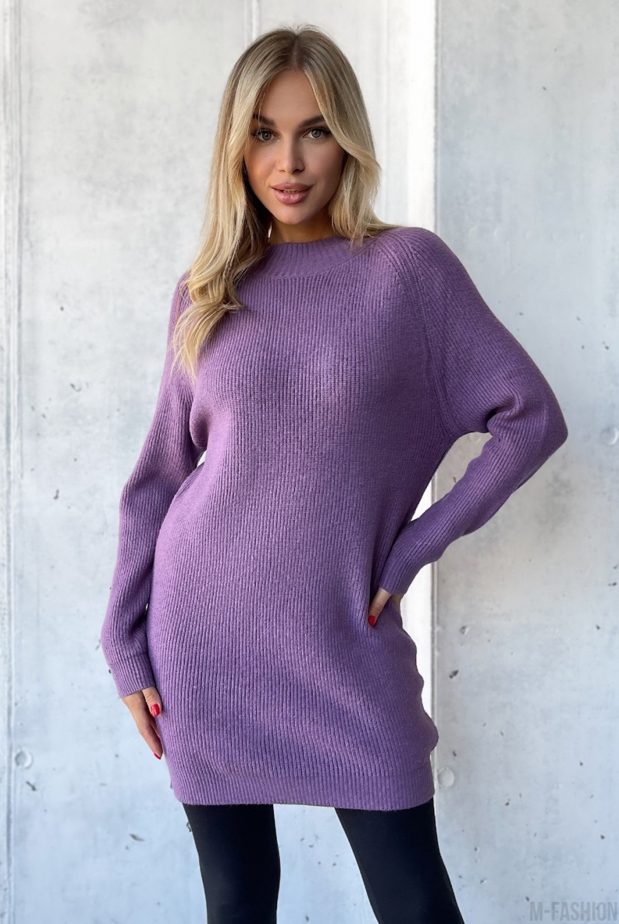 Сиреневый кашемировый свитер-туника  - Фото 1
