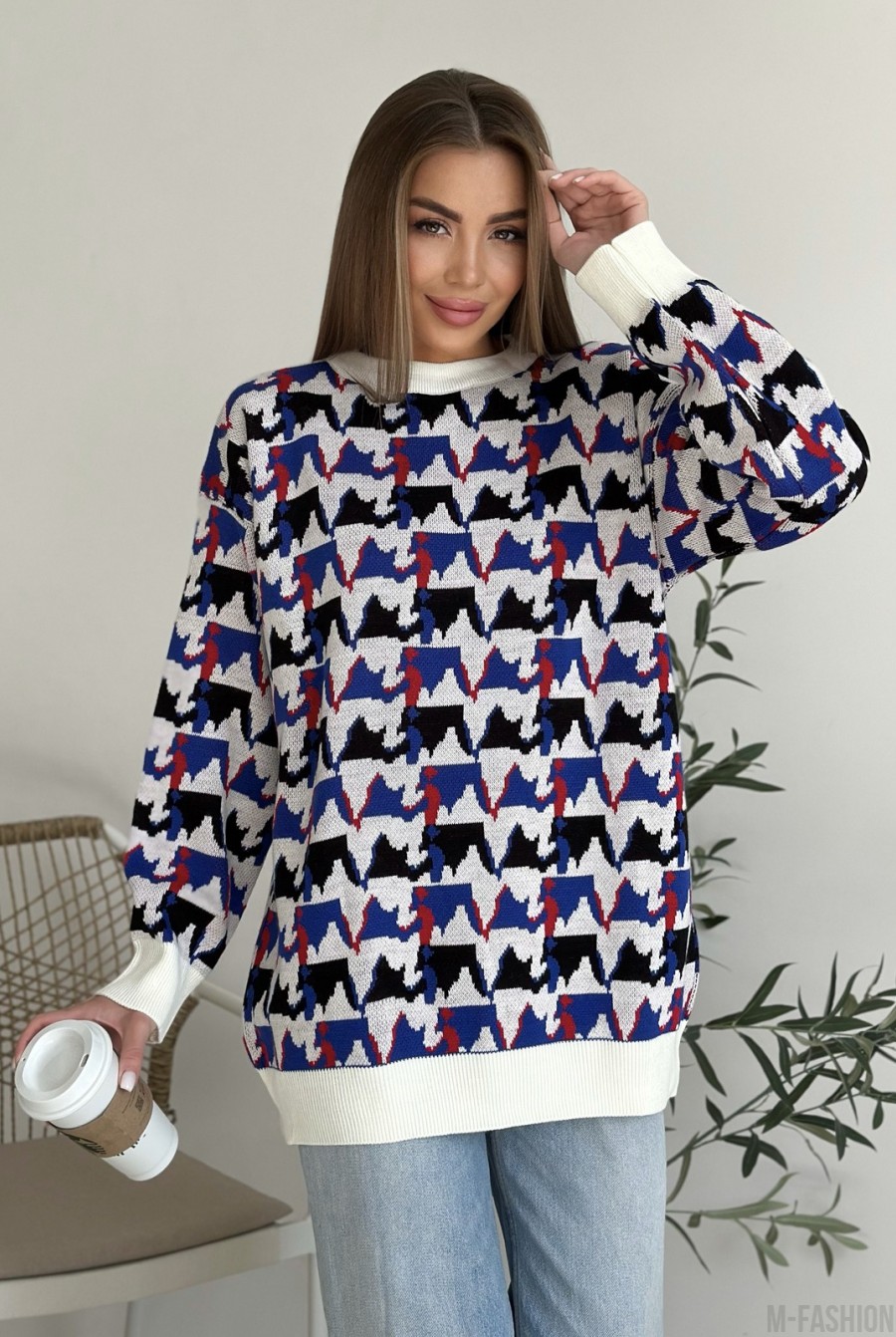 Цветной свободный свитер с орнаментом  - Фото 1