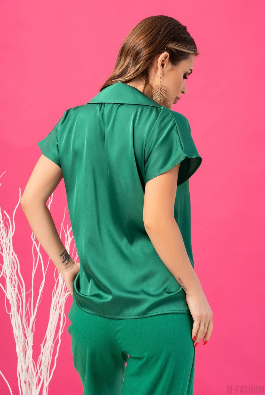 Зеленая классическая блуза из шелка - Фото 3