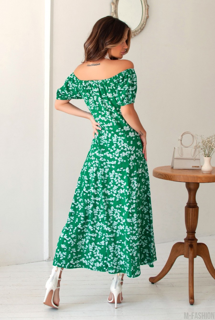 Зеленое цветочное платье из хлопка - Фото 3