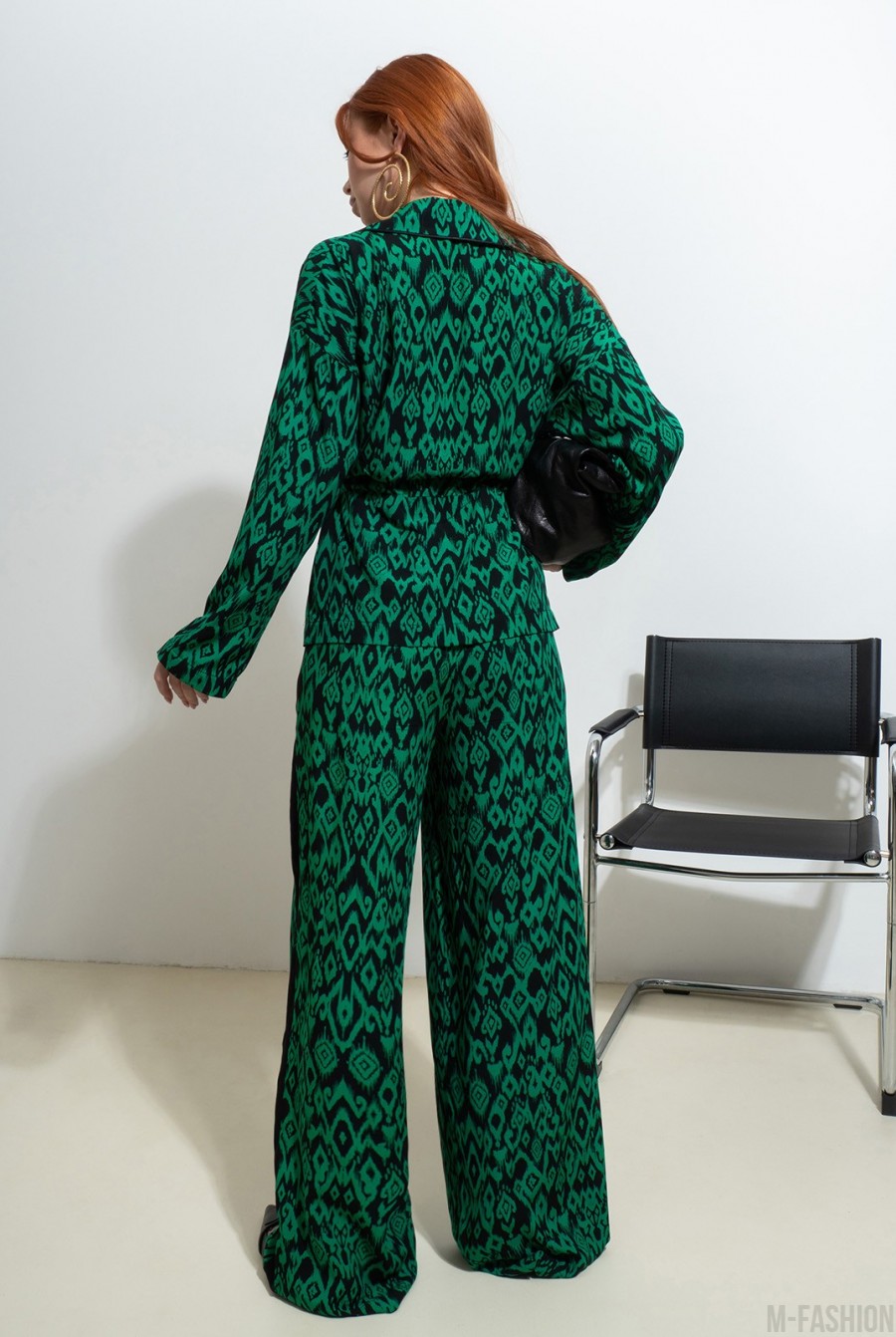 Зеленый хлопковый костюм-кимоно с принтом - Фото 3