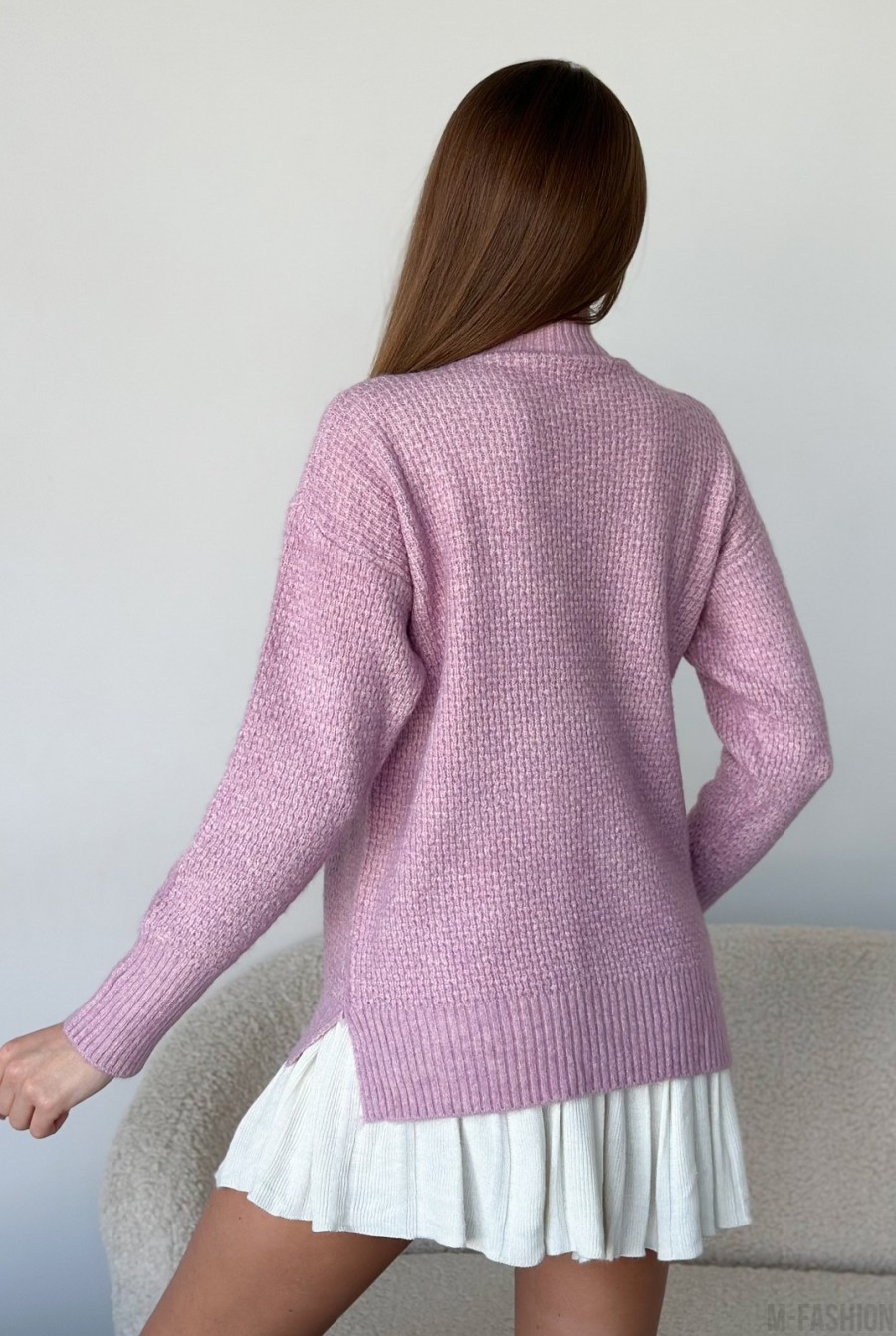 Агноровый свободный свитер темно-розового цвета - Фото 3