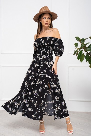 Черное цветочное платье с лифом-жаткой