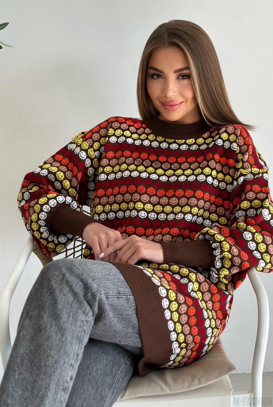 Коричневый шерстяной свитер со смайликами - Фото 2