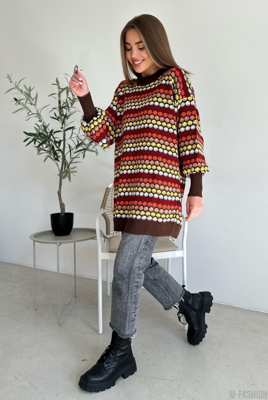 Коричневый шерстяной свитер со смайликами - Фото 3