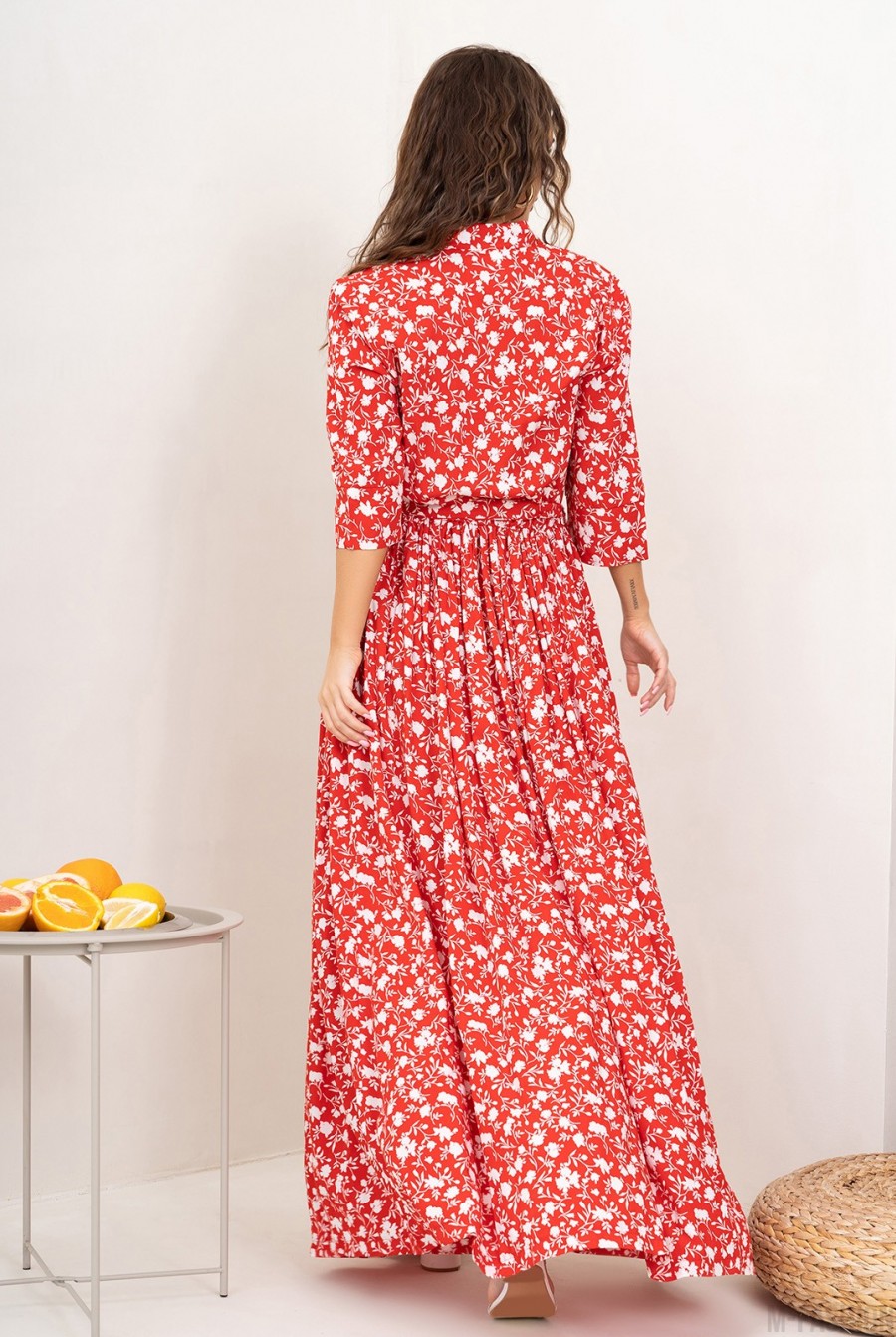 Красное хлопковое длинное платье в цветочек - Фото 3