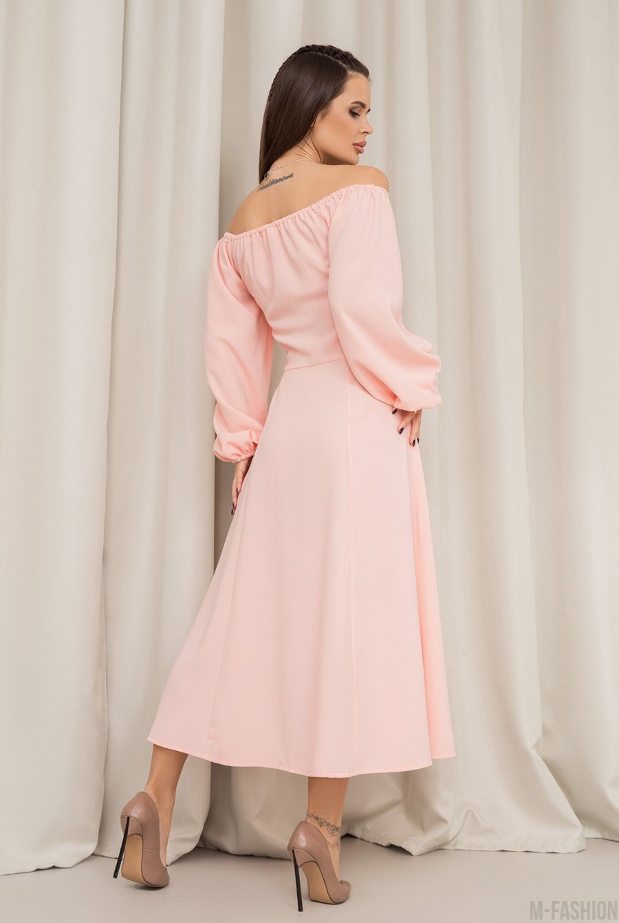 Розовое ретро платье с открытыми плечами - Фото 3