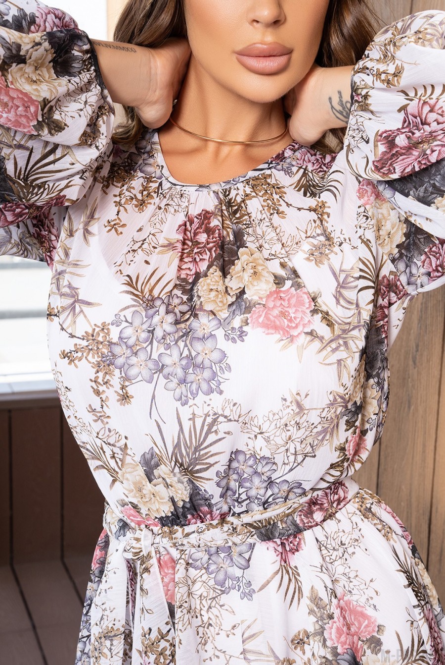 Шифоновое цветочное платье с юбкой-солнцем - Фото 4