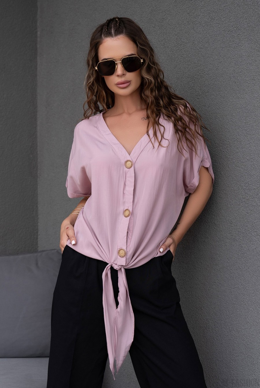 Сиреневая блуза с завязкой  - Фото 1