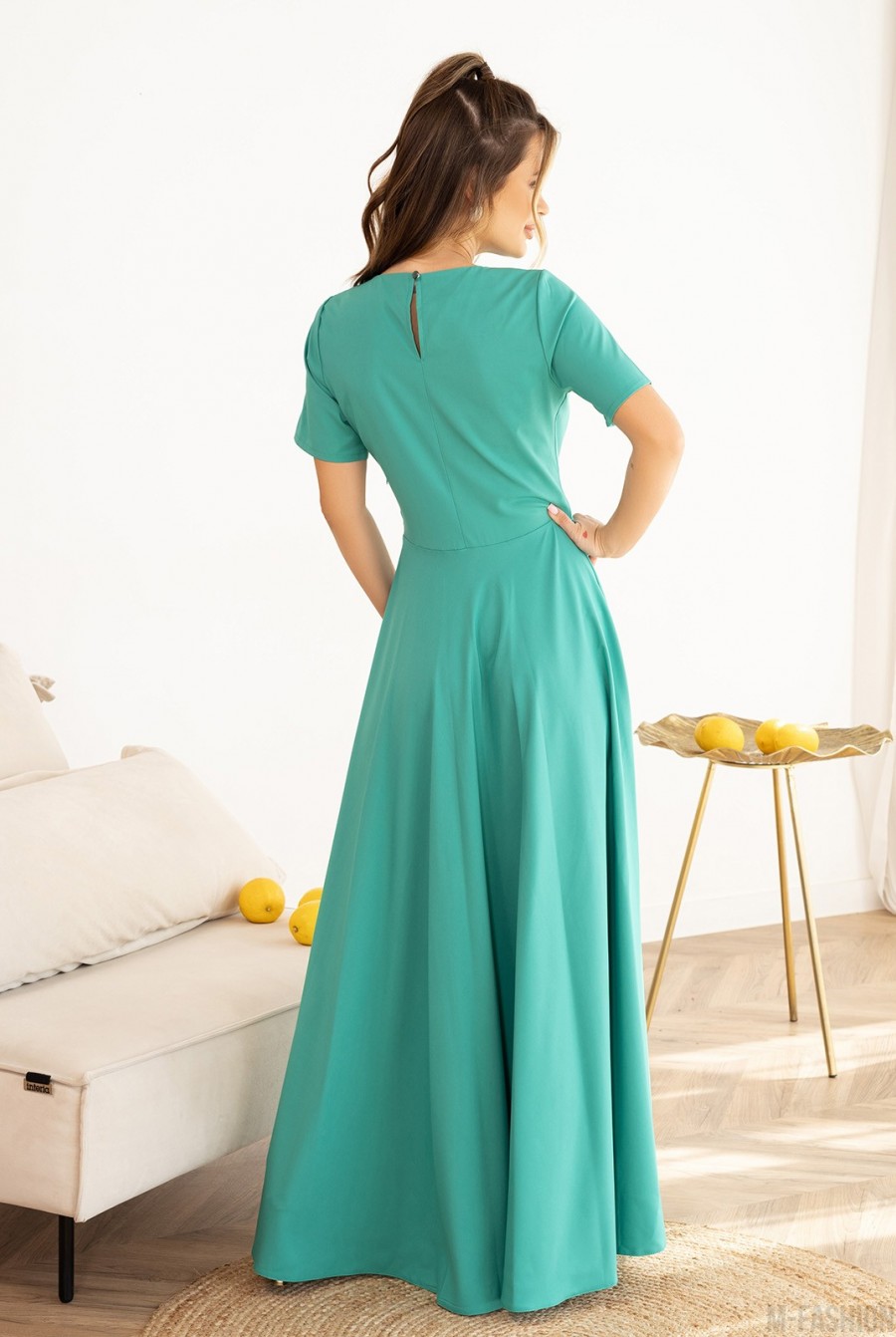 Зеленое классическое платье с короткими рукавами - Фото 3