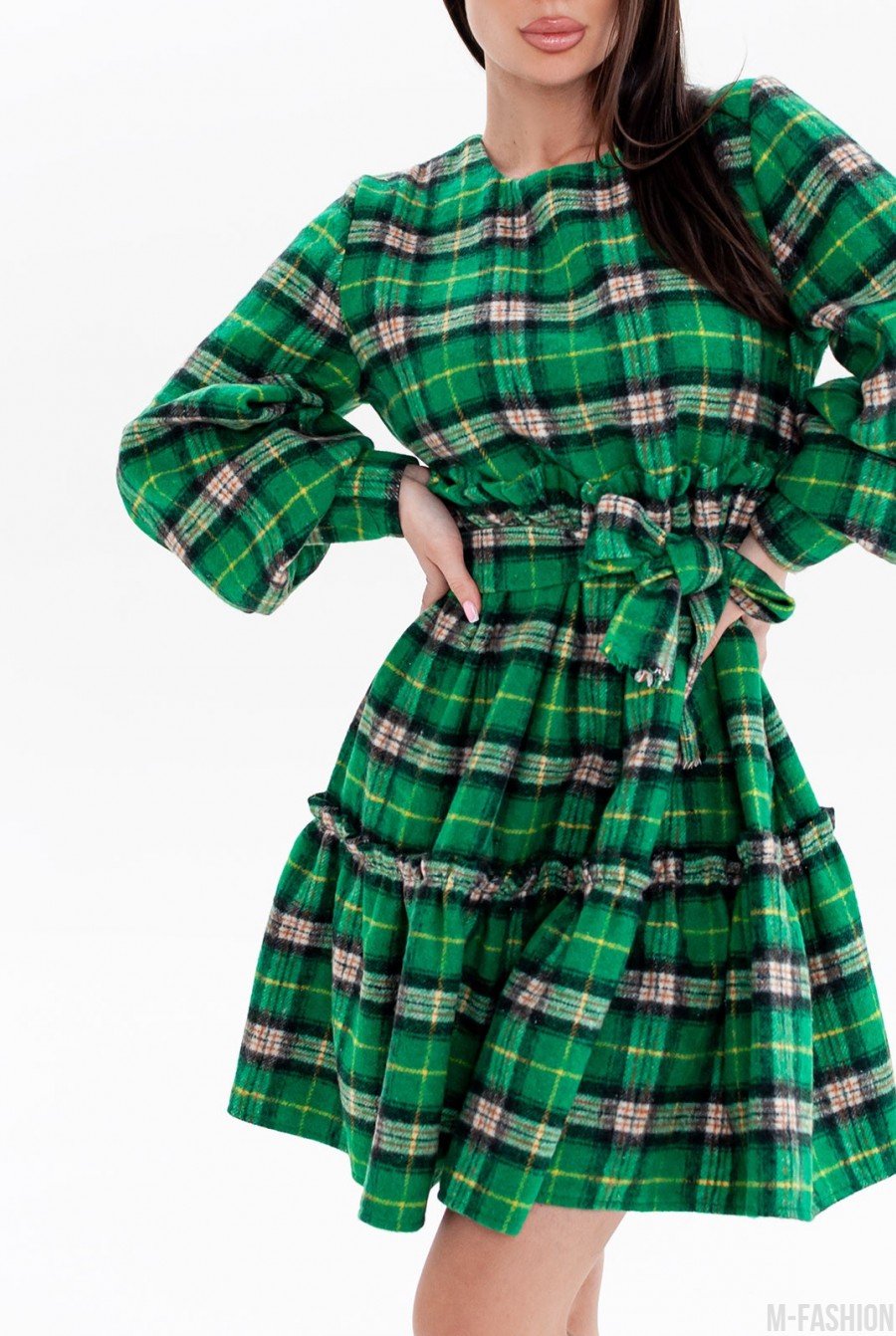 Зеленое клетчатое платье-трапеция - Фото 4