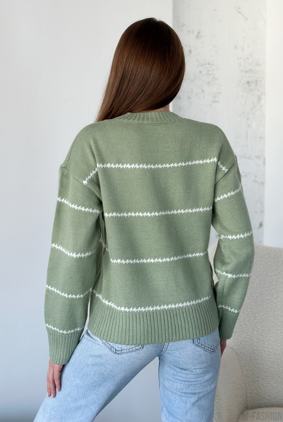Ангоровый вязаный свитер цвета хаки в полоску - Фото 3
