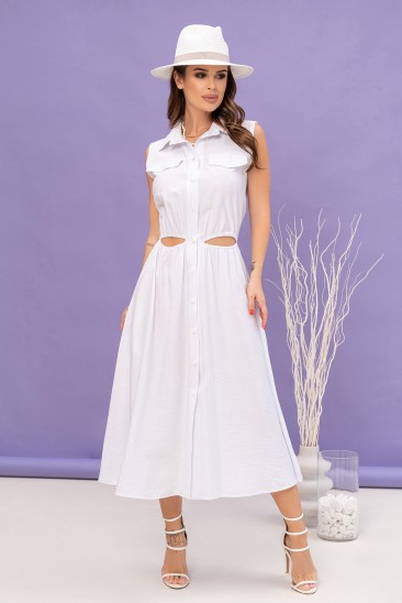 Белое льняное платье-рубашка с вырезами