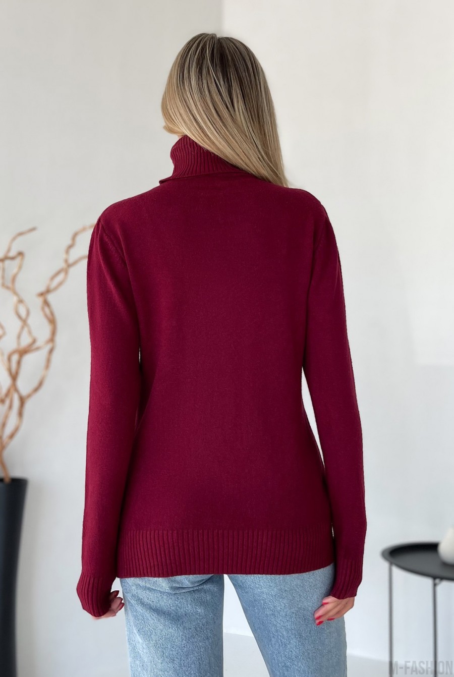 Бордовый кашемировый свитер с высоким горлом - Фото 3