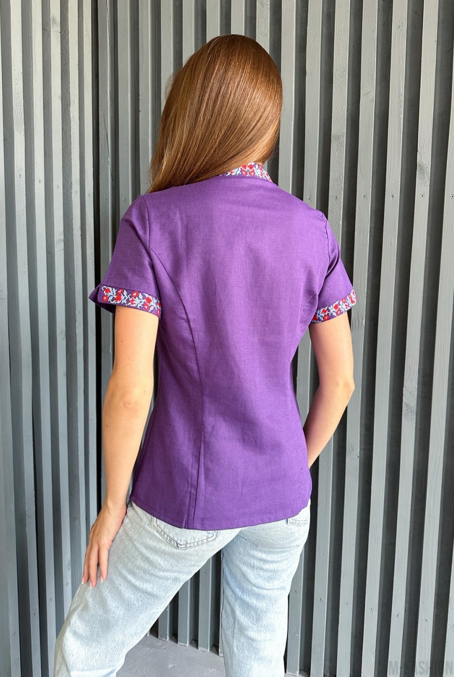 Фиолетовая рубашка из льна с вышивкой - Фото 3