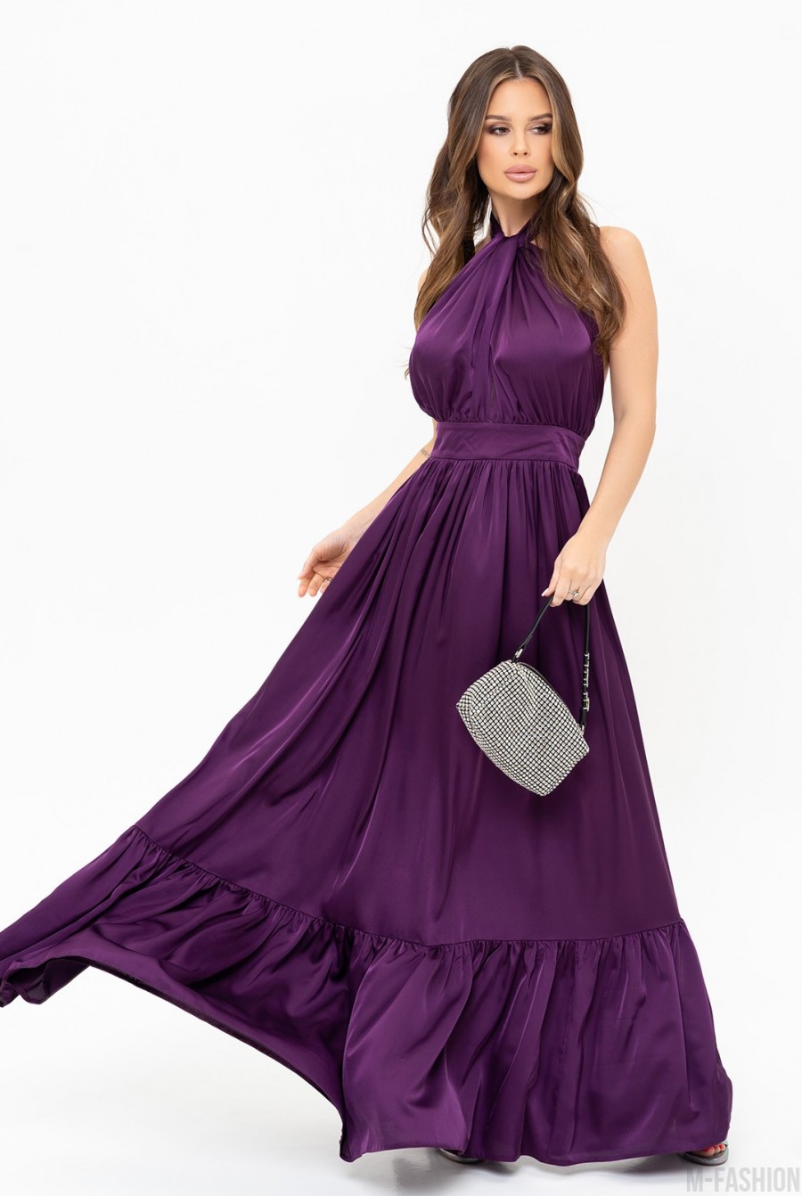 Фиолетовое шелковое длинное платье с открытой спиной  - Фото 1