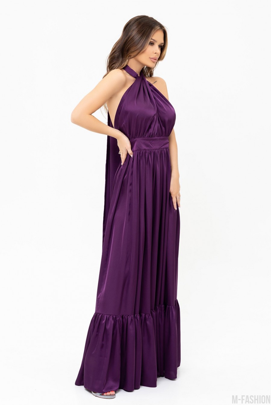 Фиолетовое шелковое длинное платье с открытой спиной - Фото 3