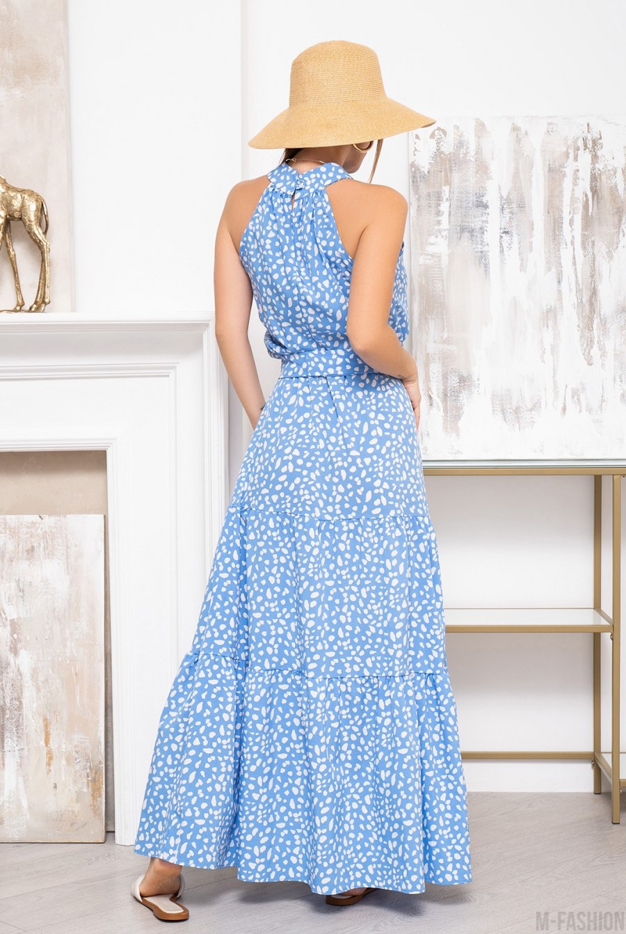 Голубое длинное платье с воланом - Фото 3