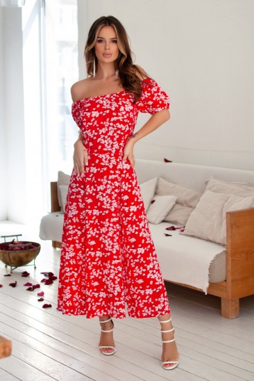 Красное цветочное платье из хлопка
