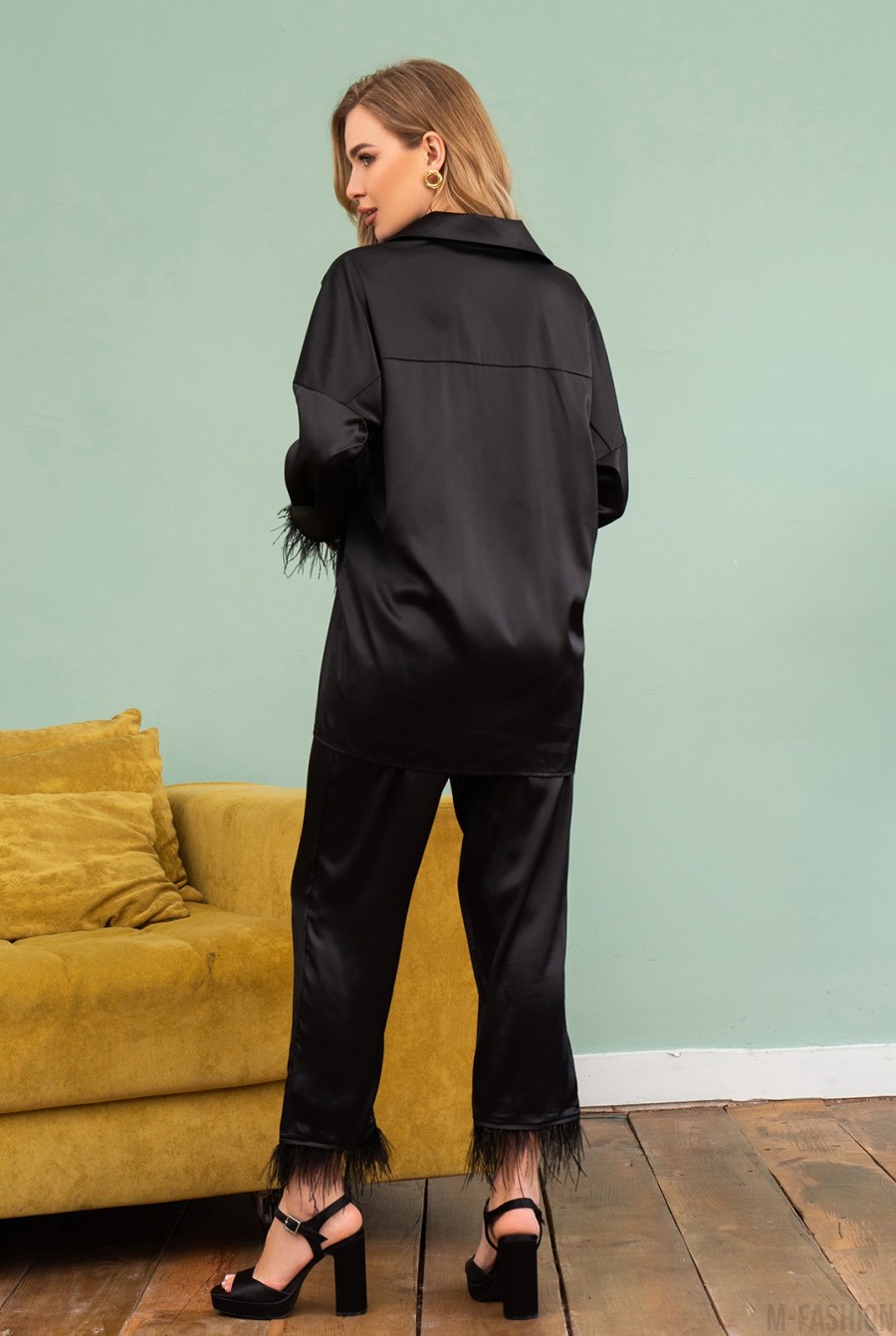 Шелковый черный костюм с перьями - Фото 3