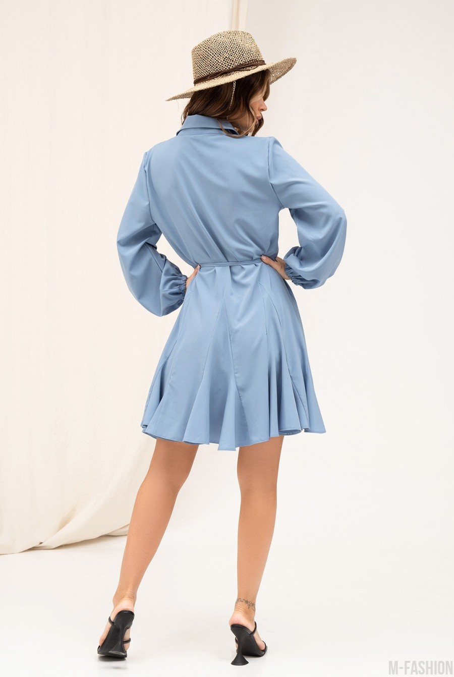Темно-голубое платье-рубашка с клиньями - Фото 3