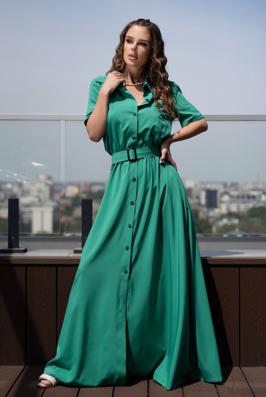 Зеленое длинное платье-рубашка на пуговицах  - Фото 1