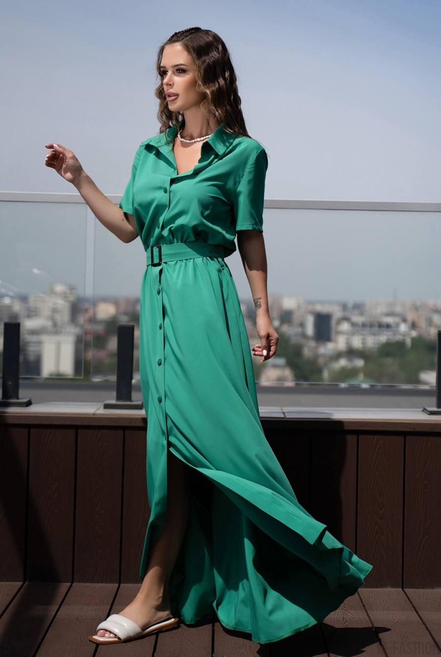Зеленое длинное платье-рубашка на пуговицах - Фото 2